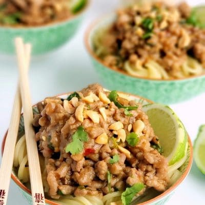 Dan dan pork in three bowls.