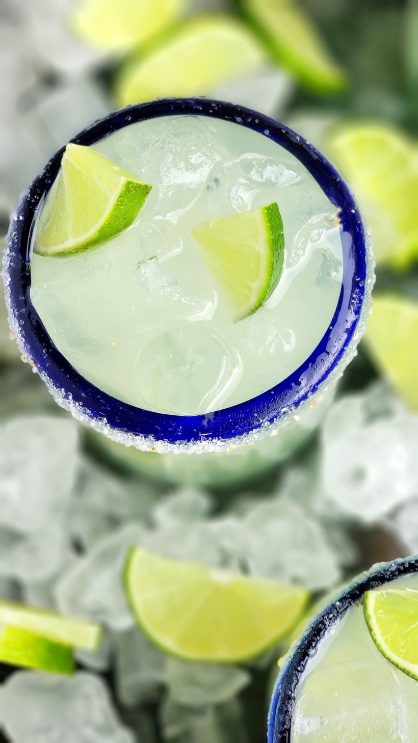 Overhead view of agave margaritas in glasses.