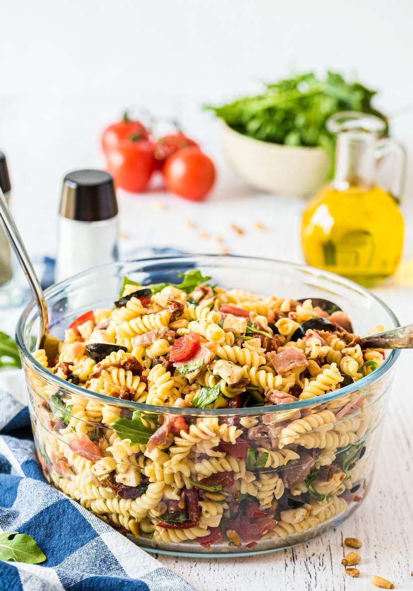 Italian Pasta Salad is the go-to for a cold pasta dish that hits the spot. Made with homemade Italian dressing, prosciutto, and sun-dried tomatoes, it's colorful, satisfying, and hearty enough to be a meal on its own. Italian pasta salad