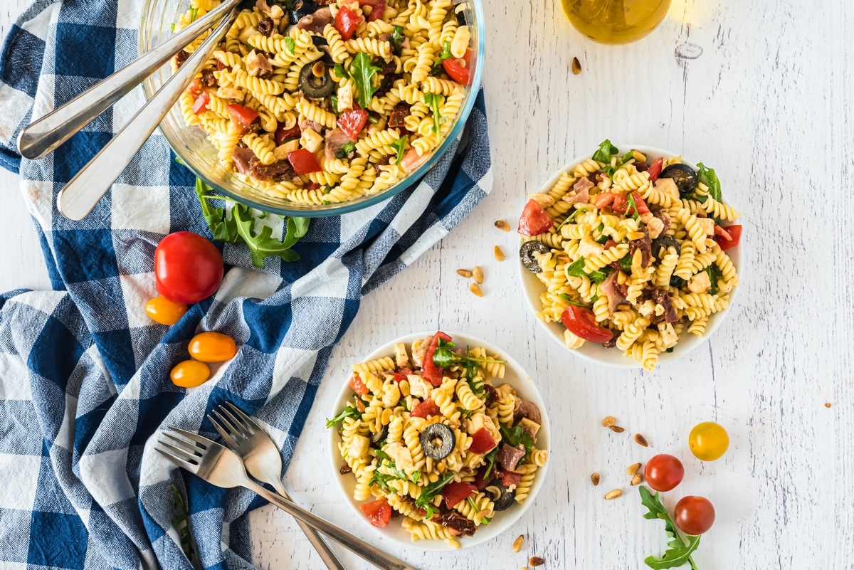 Italian Pasta Salad is the go-to for a cold pasta dish that hits the spot. Made with homemade Italian dressing, prosciutto, and sun-dried tomatoes, it's colorful, satisfying, and hearty enough to be a meal on its own. Italian pasta salad