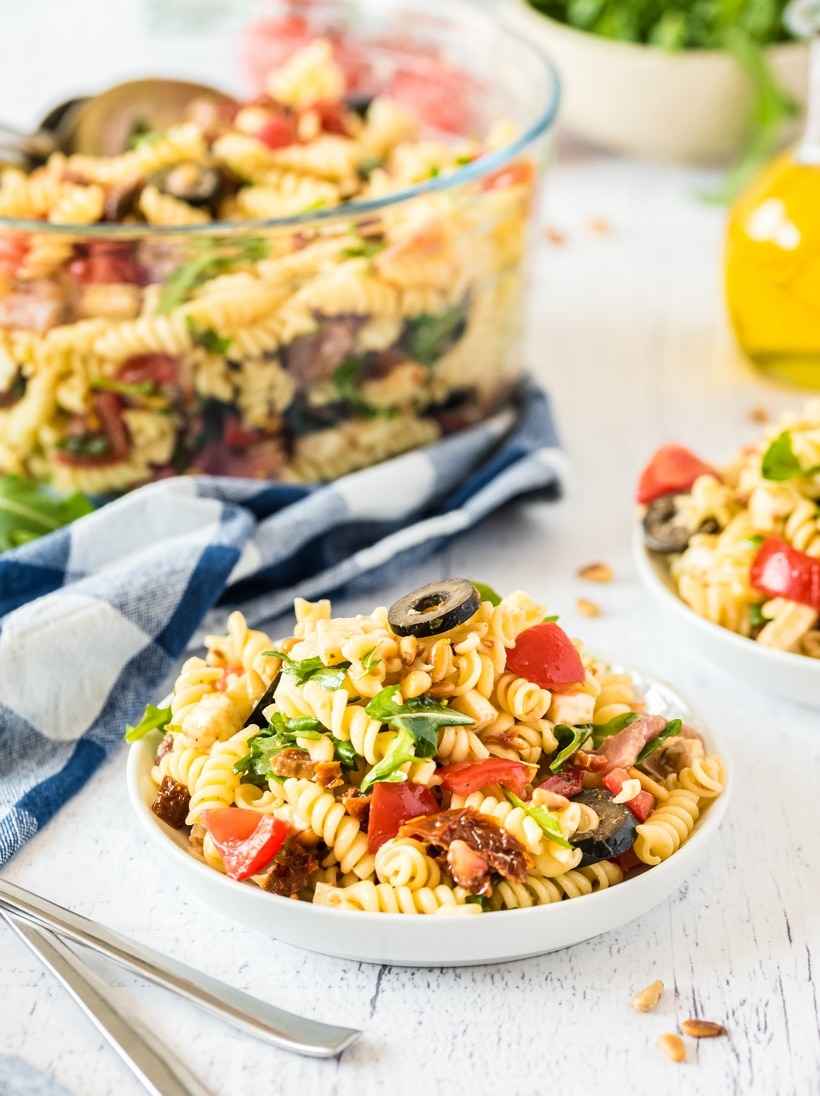 Italian Pasta Salad is the go-to for a cold pasta dish that hits the spot. Made with homemade Italian dressing, prosciutto, and sun-dried tomatoes, it's colorful, satisfying, and hearty enough to be a meal on its own. pasta salad with homemade dressing