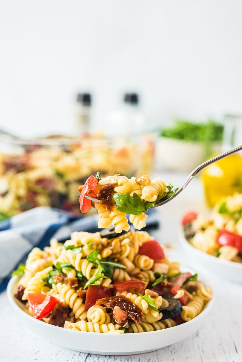 Italian Pasta Salad is the go-to for a cold pasta dish that hits the spot. Made with homemade Italian dressing, prosciutto, and sun-dried tomatoes, it's colorful, satisfying, and hearty enough to be a meal on its own. pasta salad with homemade Italian dressing