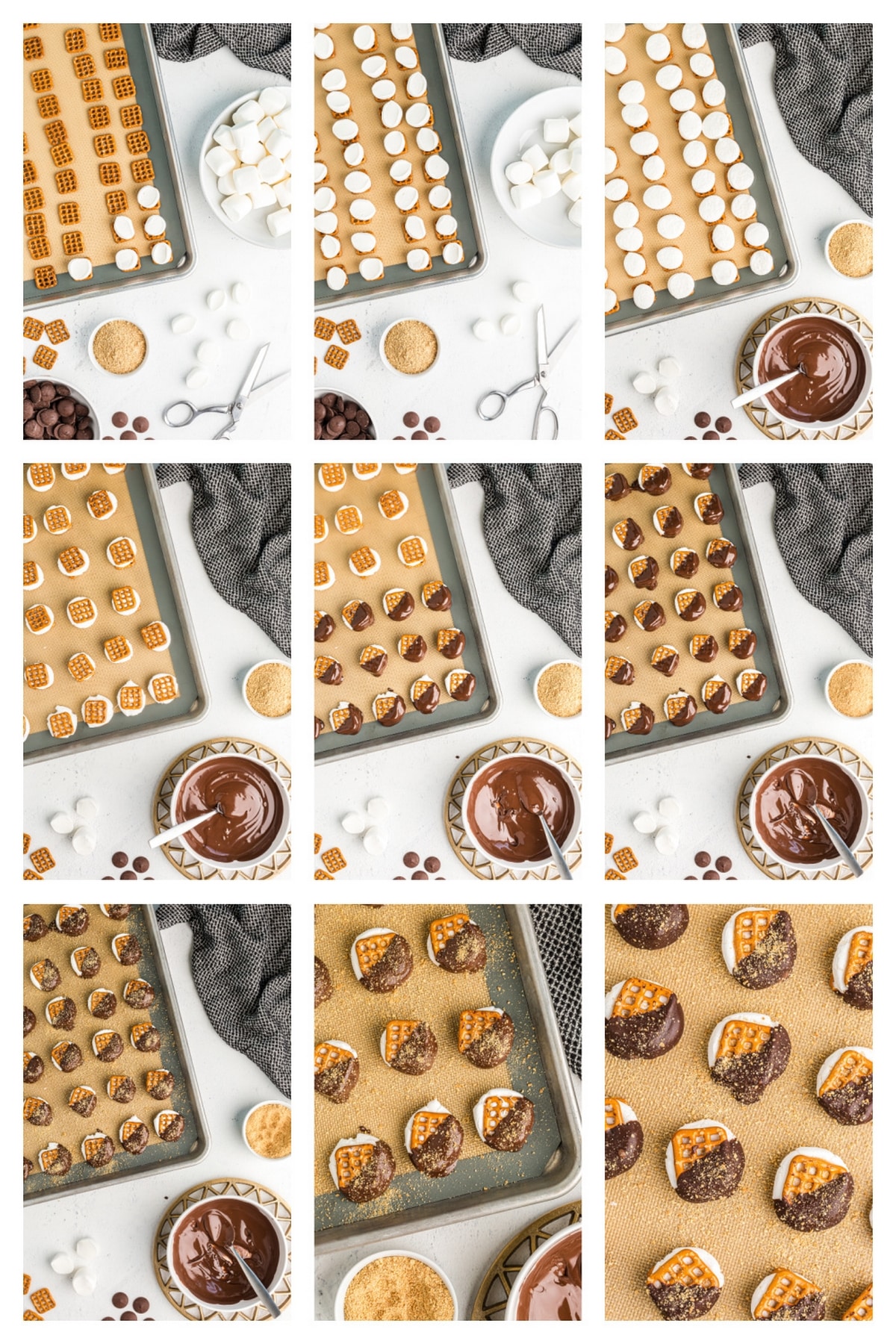 Step-by-step process for making oven-baked s’mores pretzel bites with marshmallows, melted chocolate, and graham cracker topping