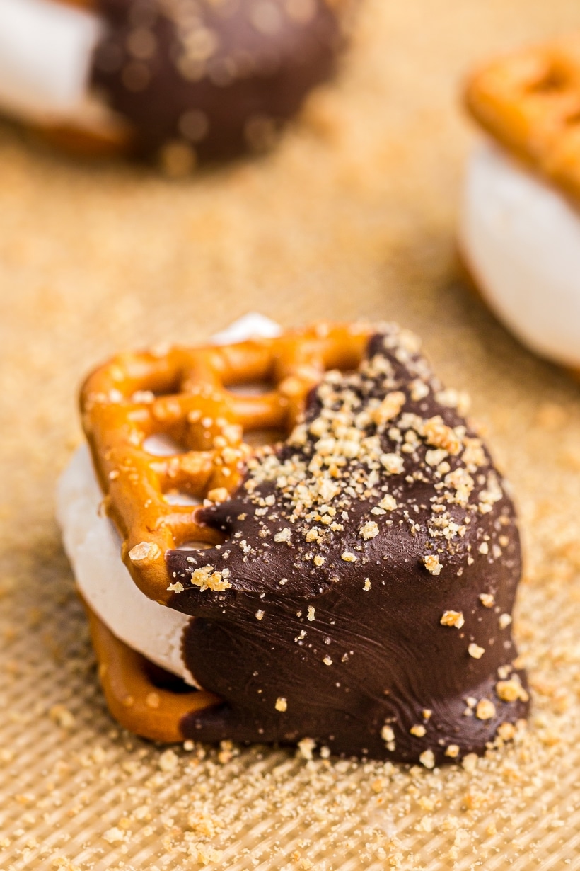 Close-up of a s’mores pretzel with melted chocolate and graham cracker crumbs