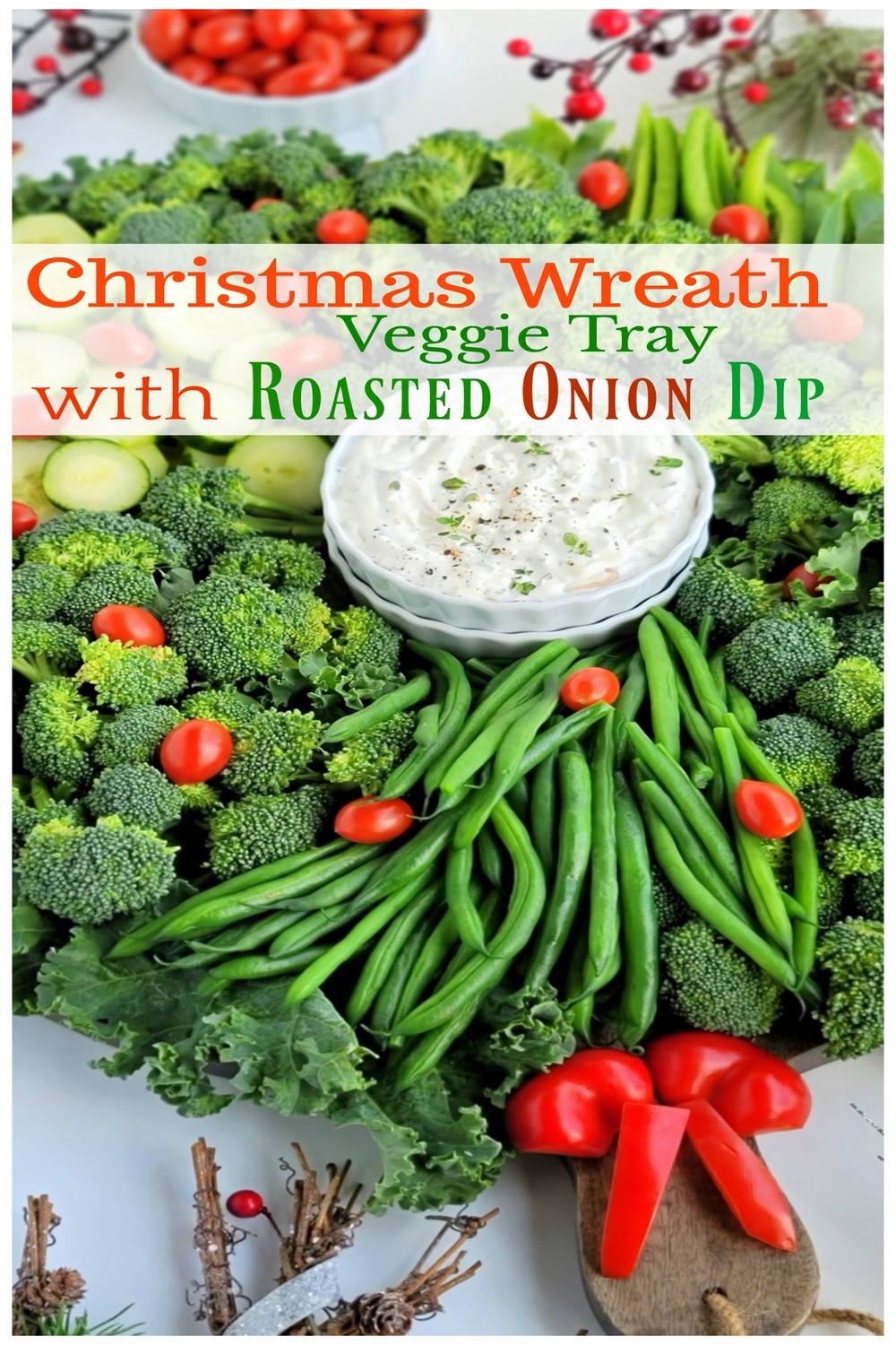 A simple Christmas Wreath Vegetable tray made from your favorite veggies and served with a tasty, addictive onion dip! via @cmpollak1