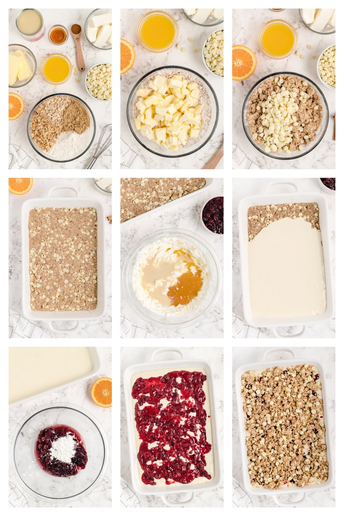 Step-by-Step Process for Cream Cheese Cranberry Dessert Bars Recipe Step-by-step collage showing the process of making cranberry bars, from mixing the crust to layering the cranberries and baking.