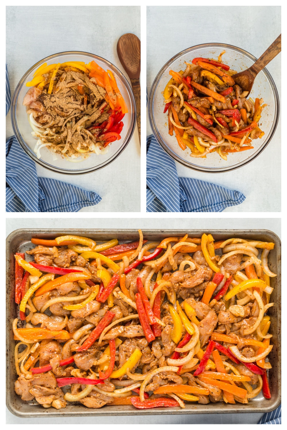 How to make Sheet Pan Chicken Fajitas step-by-step A collage of step-by-step images showing how to prepare and bake chicken fajitas.