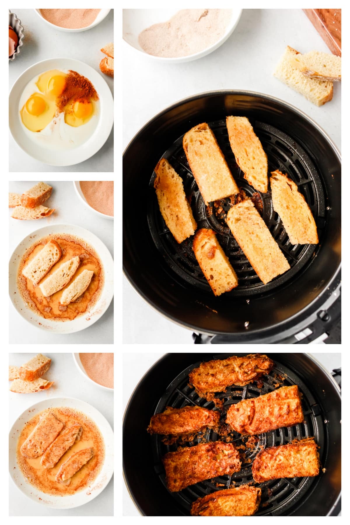 Air Fryer French Toast collage process step by step collage of making the frech toast
