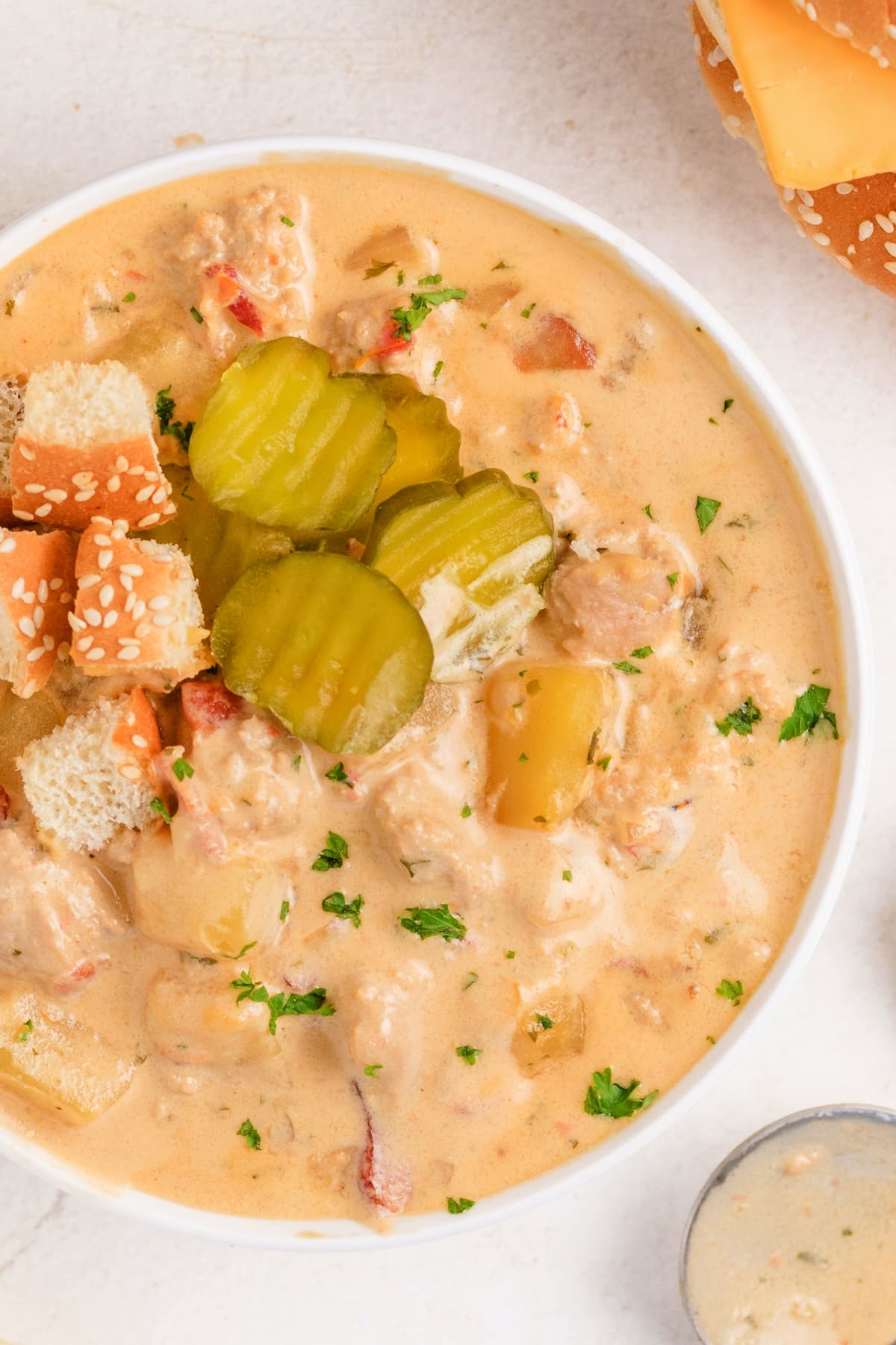 an overhead of bacon cheeseburger soup