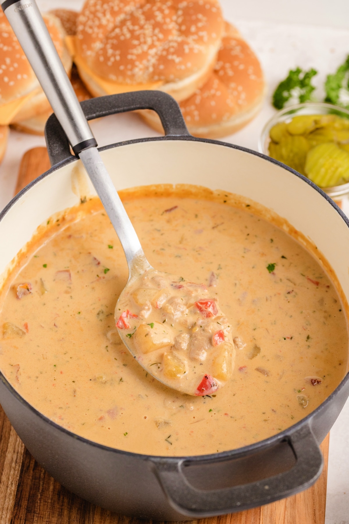 a pot of bacon cheeseburger soup
