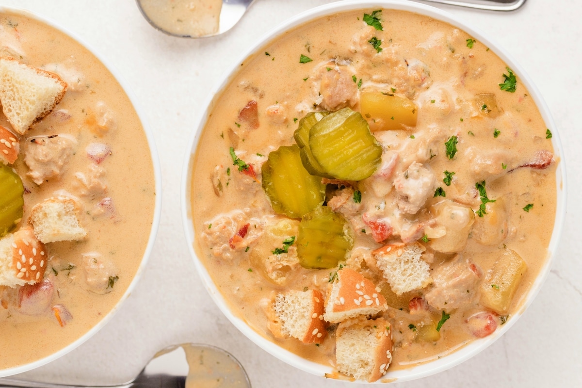 Bacon Cheeseburger Soup in two bowls