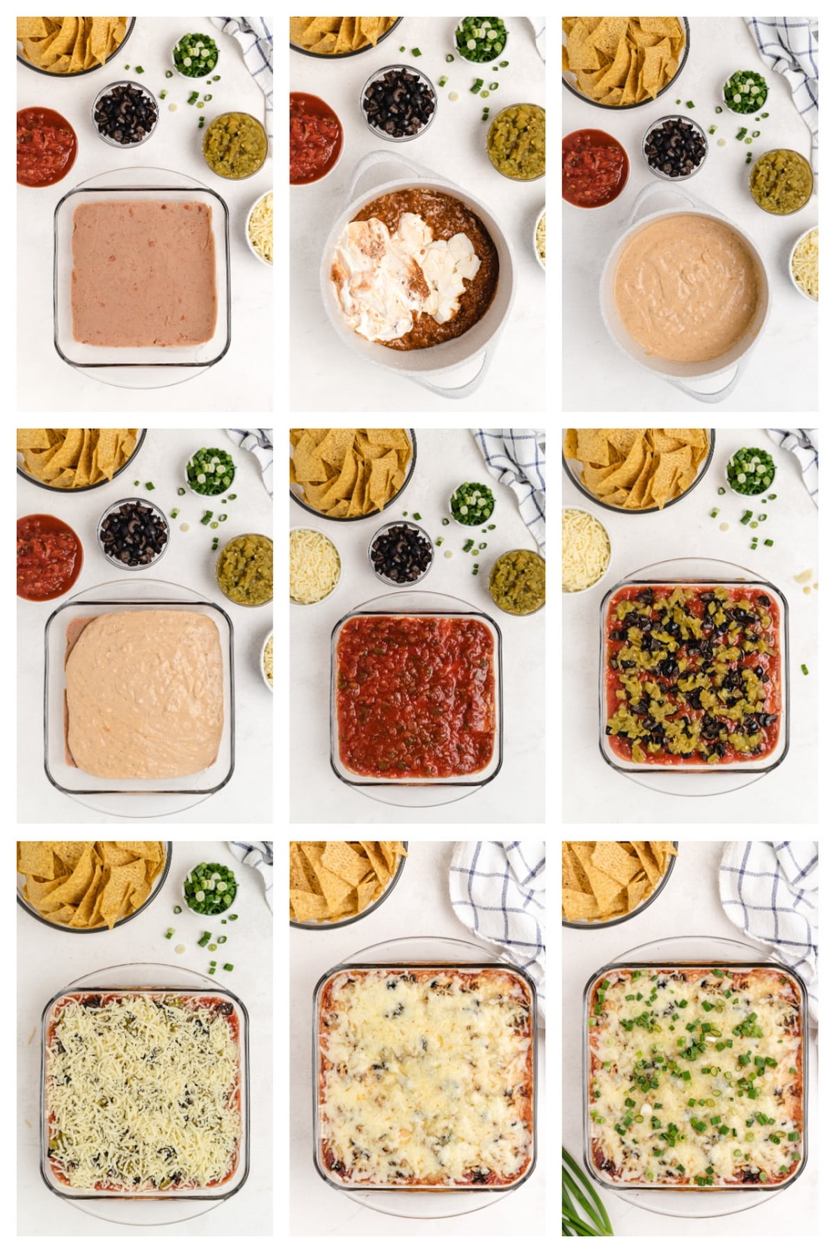 Step-by-step collage showing the process of making the dip, from layering ingredients to baking and serving.