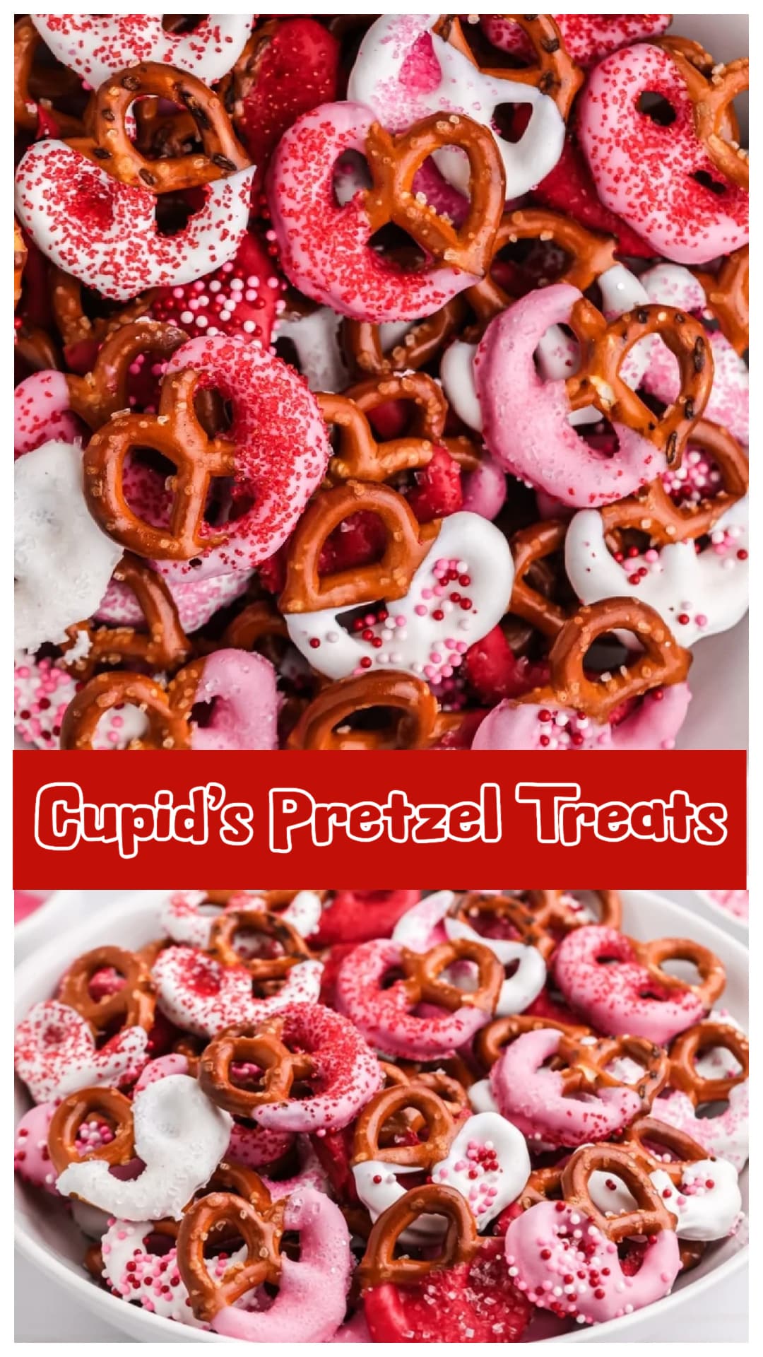 These Cupid’s Pretzel Treats are an easy Valentine’s Day snack with the perfect mix of sweet and salty. Mini pretzels are dipped in white, pink, and red candy melts, then topped with festive sprinkles. Great for gifting, party platters, or a fun treat to make at home. via @cmpollak1