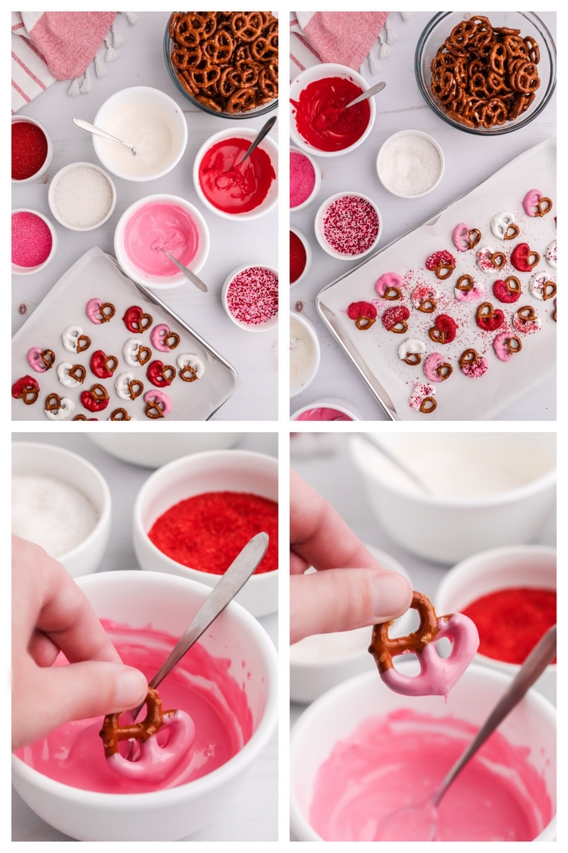 A step-by-step collage showing the process of dipping pretzels in melted chocolate, adding sprinkles, and letting them set.