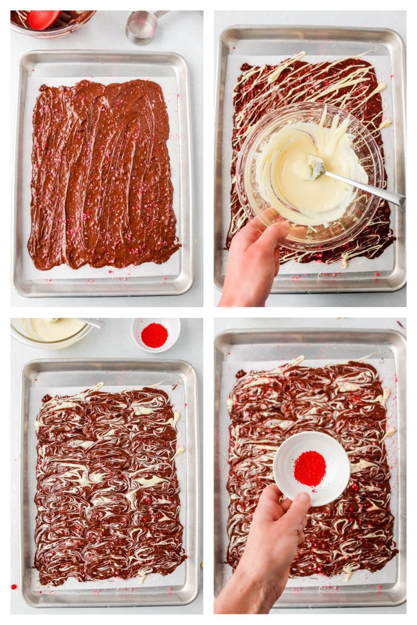 Valentine's Day Chocolate Bark, a step-by-step process A collage of step-by-step images showing the process of melting chocolate, swirling layers, and decorating the bark before chilling.