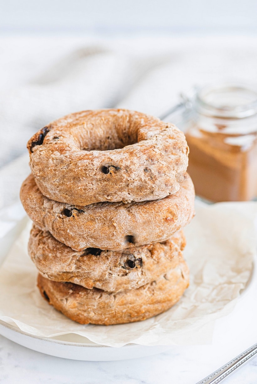 a stack of air fryer cinnamon raisin bagels 