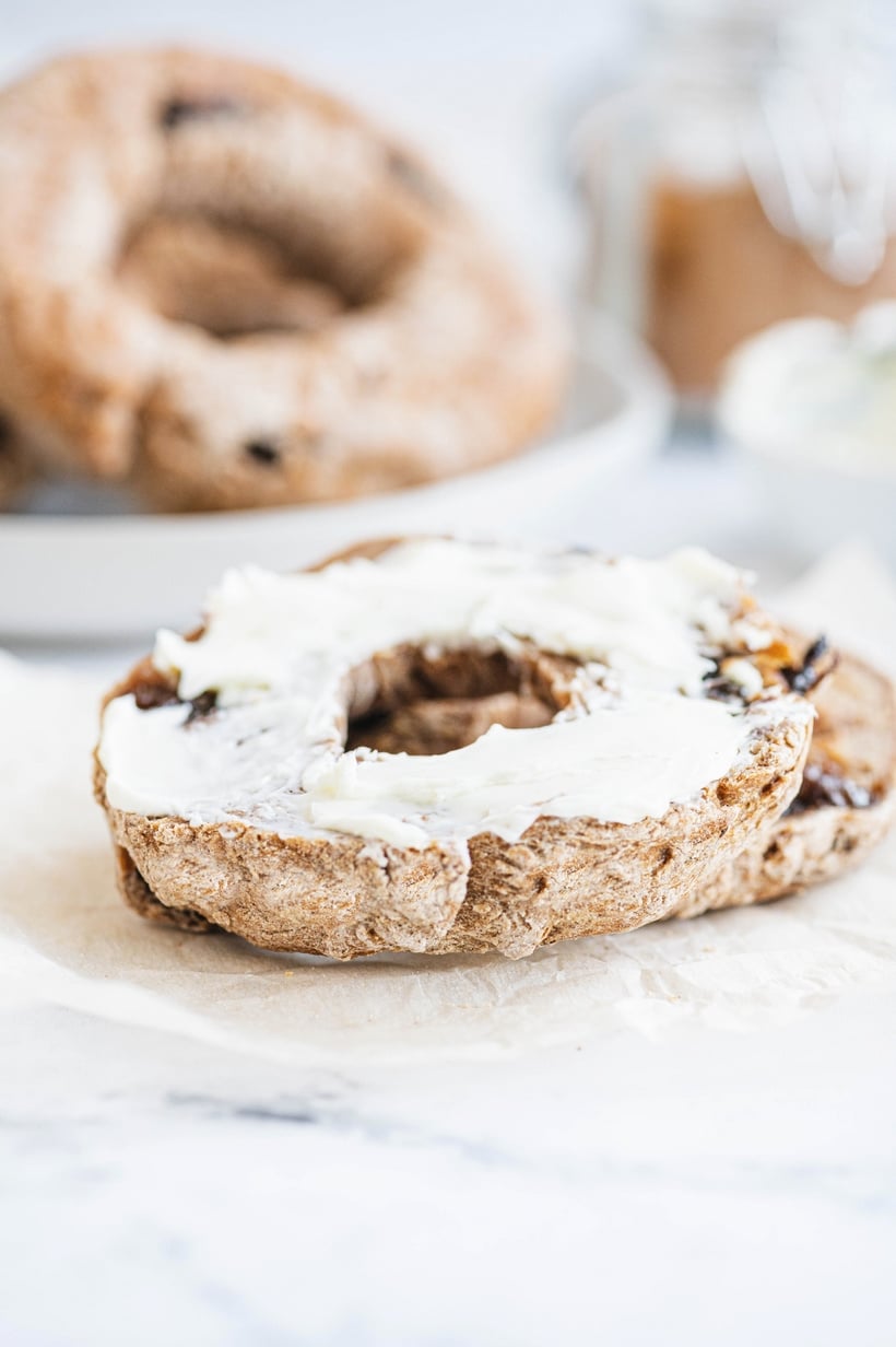 cinnamon raisin bagel recipe with a sliced cream cheese bagel