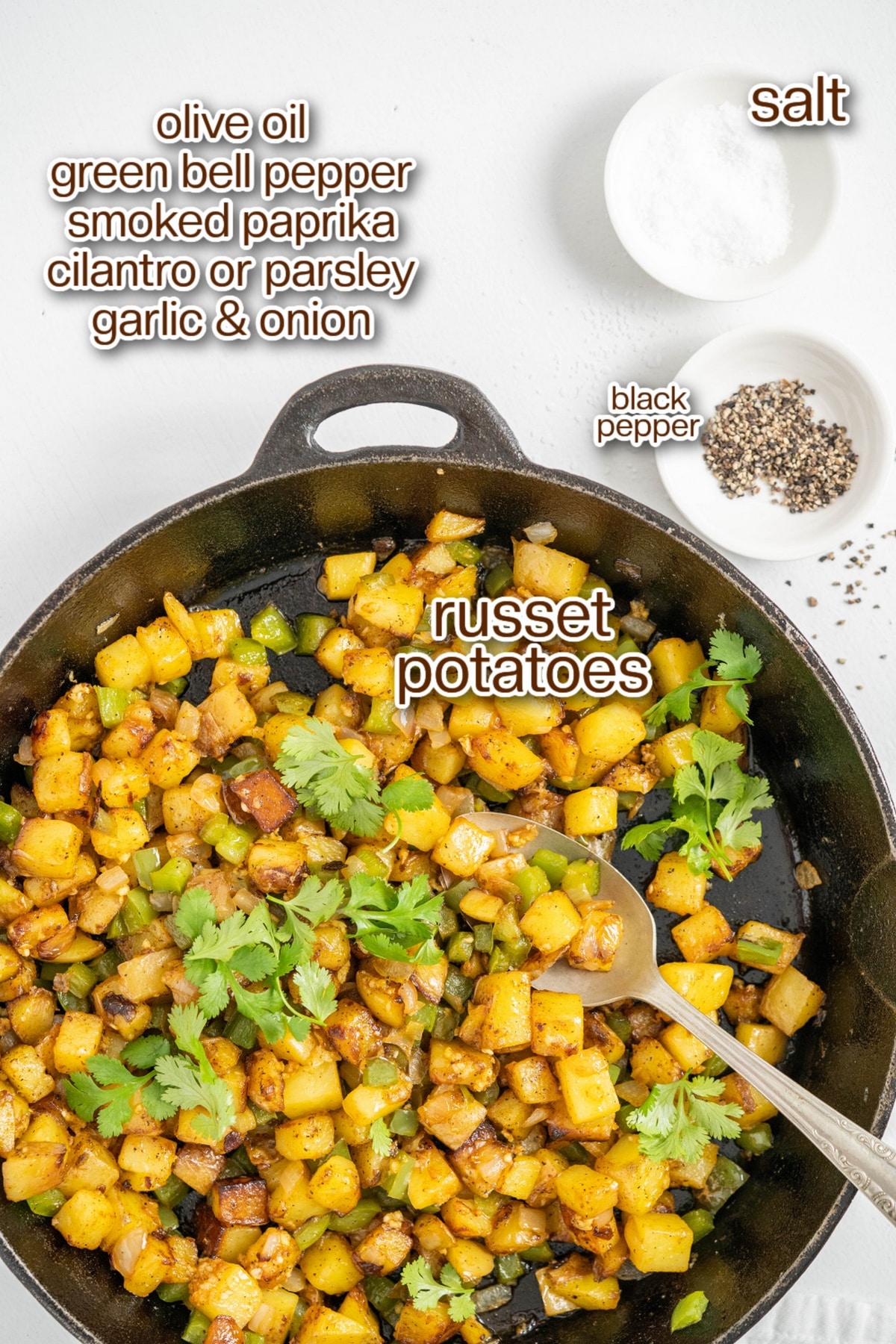 When it comes to making good home fries, stay away from waxy potatoes like red, fingerlings and new potatoes. Those varieties of potatoes work well in recipes where keeping their shape is important (think potato salad), unlike home fries. Waxy potatoes don’t break down the way starchy potatoes (Yukon Gold and Russets) do during the cooking process. Instead, a waxy potato holds on to its firm texture, never quite mastering that soft, creamy texture that make home fries so satisfying and delicious. ingredients