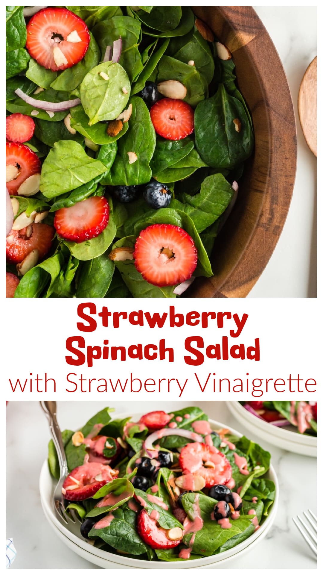 Strawberry Spinach Salad with Strawberry Vinaigrette is a fresh, flavorful mix of sweet berries, crisp spinach, and crunchy almonds, all tossed in a tangy homemade dressing. The vinaigrette is made with real strawberries for a bright, naturally sweet flavor that ties everything together. Perfect as a light lunch or a side dish for any meal, this salad is easy to make and always a crowd-pleaser. A fresh springtime recipe, good for Easter and Mother’s Day. via @cmpollak1