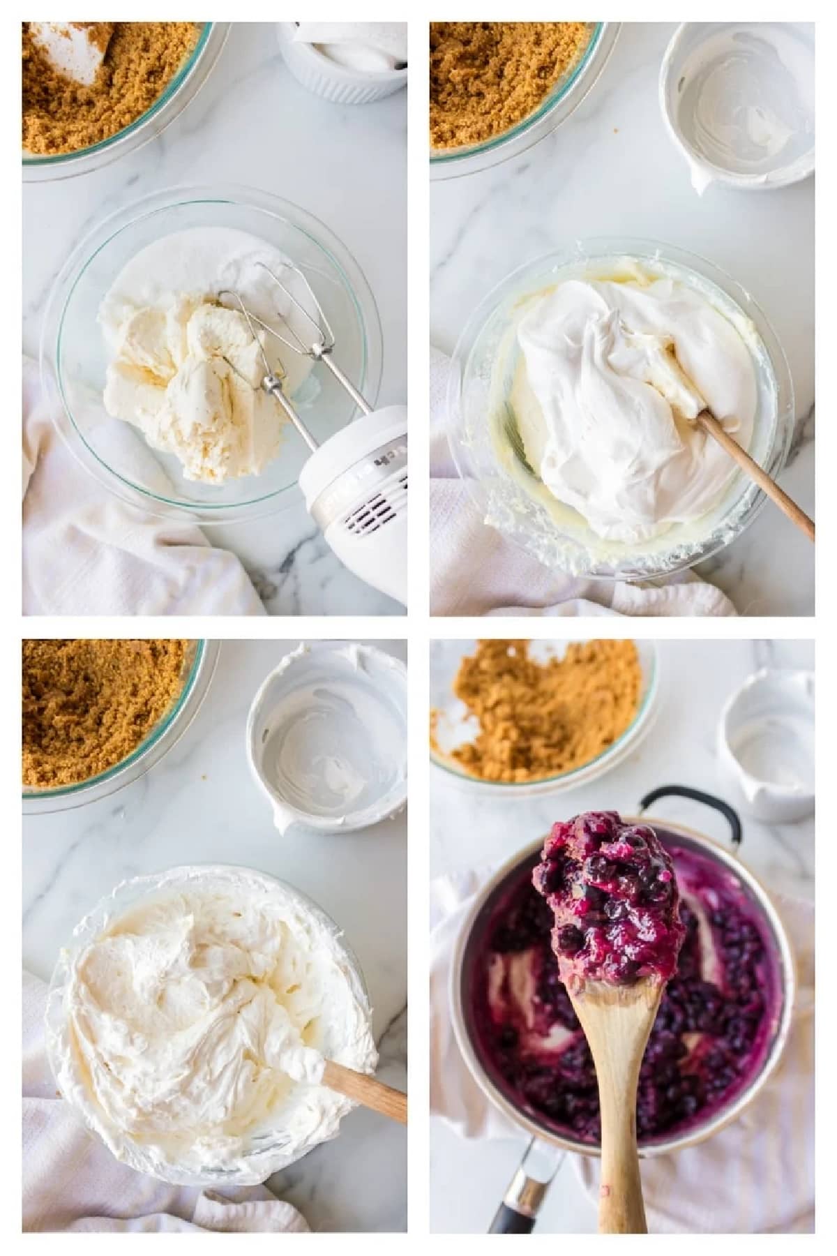 How to make blueberry topping for cheesecake icebox cake Collage of blueberry filling being cooked and thickened on the stovetop