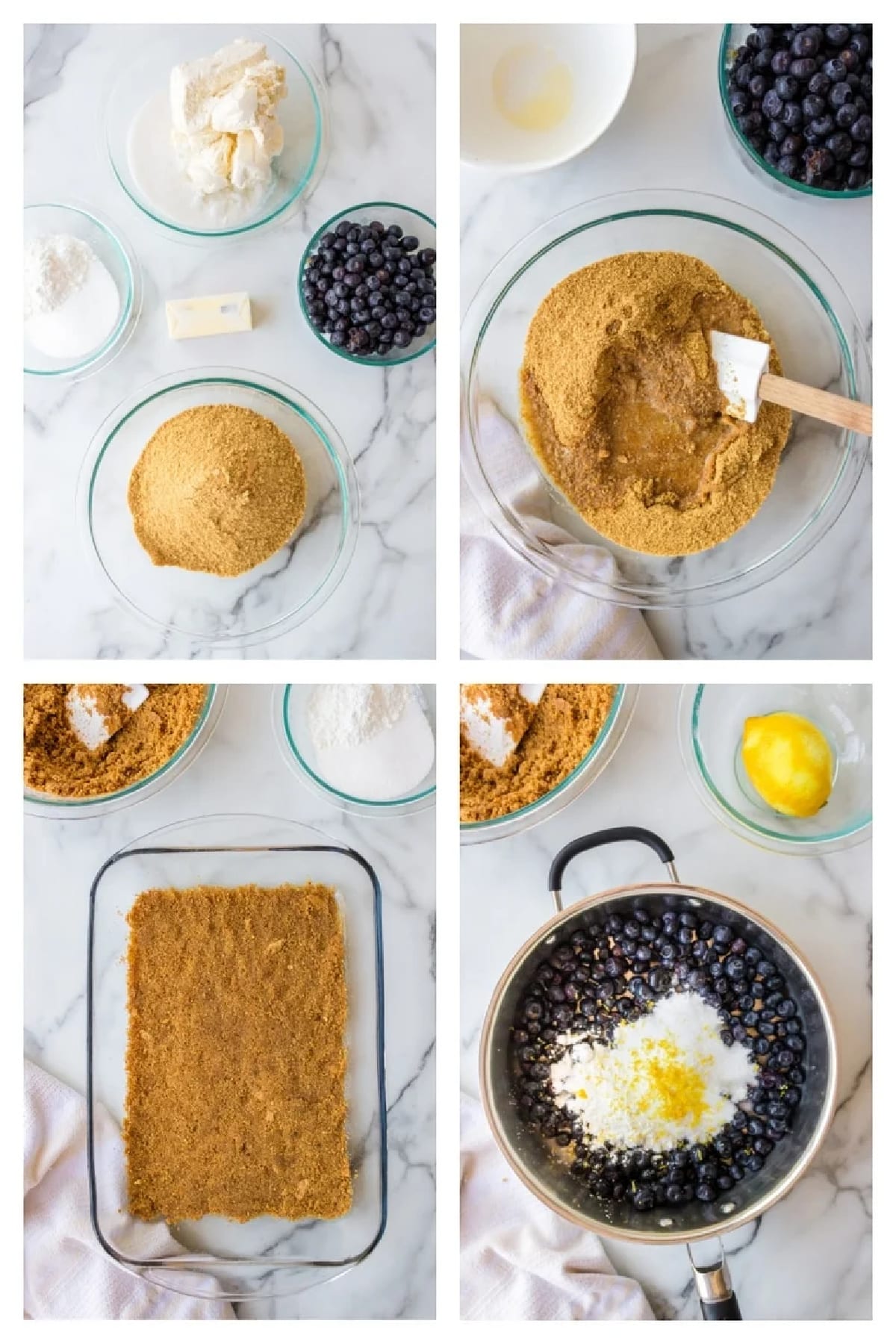 Step-by-step images assembling Blueberry Cheesecake Icebox Cake Collage showing each step of assembling blueberry cheesecake icebox cake