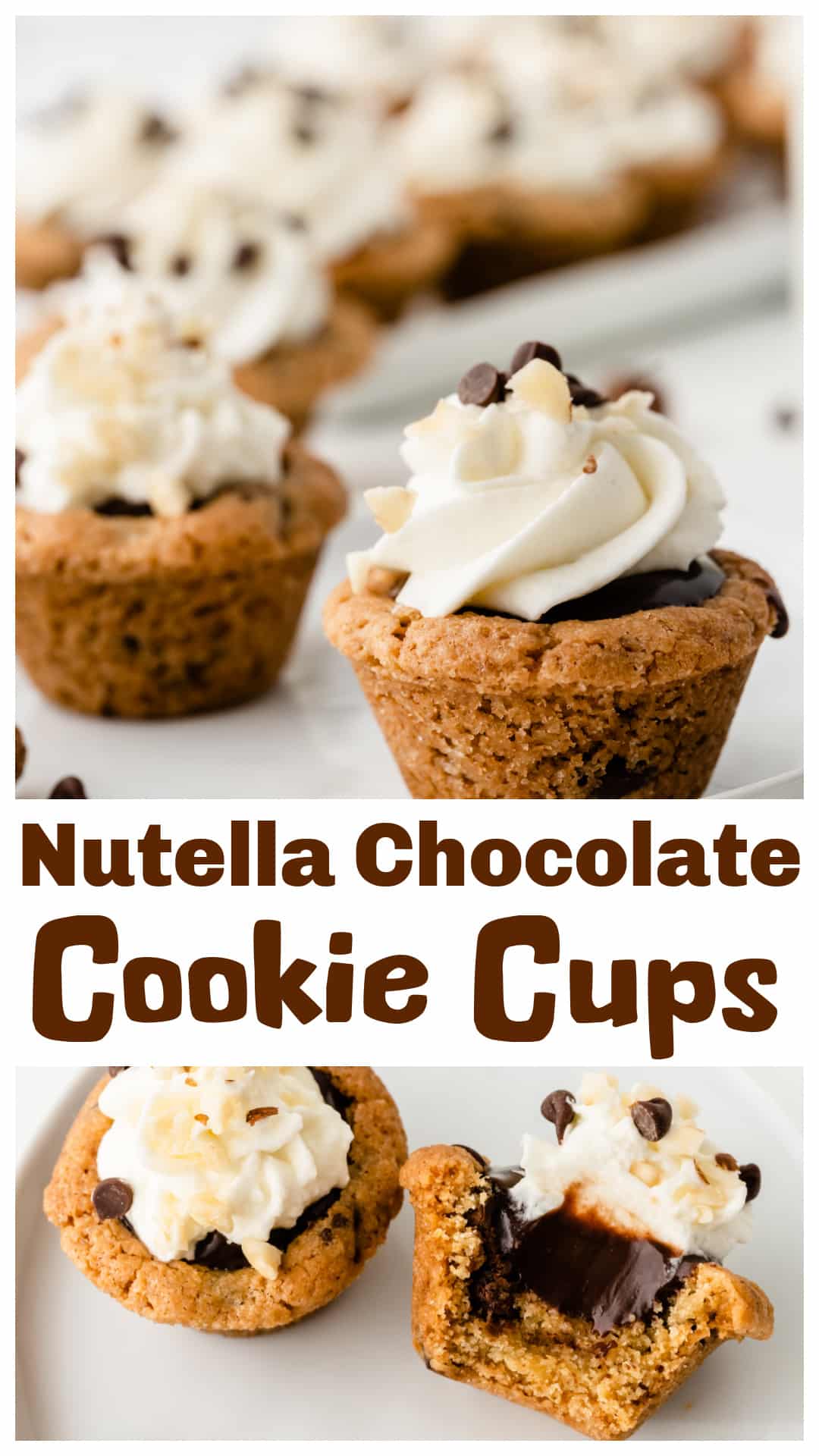 Nutella chocolate cookie cups baked in a mini muffin tin with a soft chocolate chip cookie shell and a smooth Nutella chocolate center. These bite-sized cookie cups are pressed twice so they hold their shape and stay easy to eat one-handed. A make-ahead friendly chocolate dessert that’s perfect for parties, movie nights, and dessert trays. No fork required. via @cmpollak1