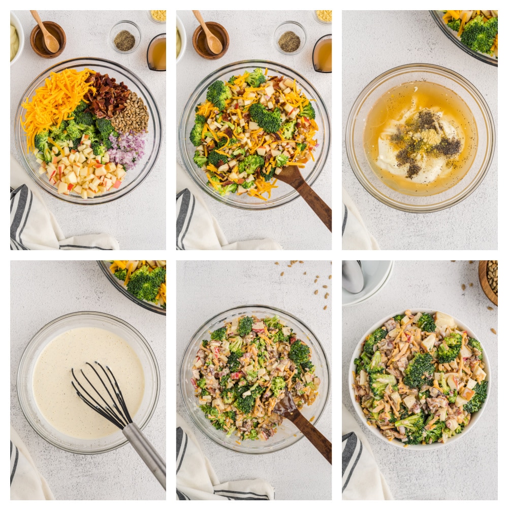 How to make Bacon Broccoli Salad A series of images showing the process of making bacon broccoli salad, from mixing the ingredients to tossing everything with the creamy dressing.