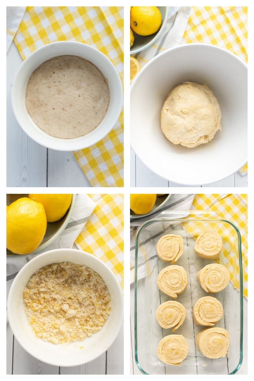 How to make Lemon Buns with Lemon Cream Cheese Icing A step-by-step collage showing the process of making lemon buns, from mixing the dough to rolling, slicing, and baking.