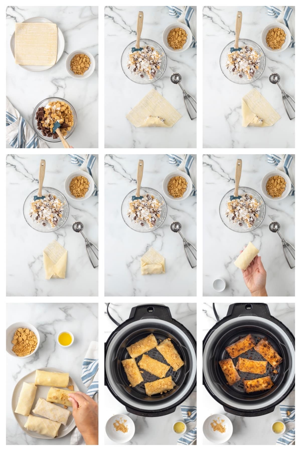 These air fryer s'mores egg rolls are a perfect twist on a classic campfire treat. They're filled with melted chocolate and marshmallows inside and served with extra marshmallow fluff on the side for dipping. This cooking method makes s'mores a year-round treat. how to make it