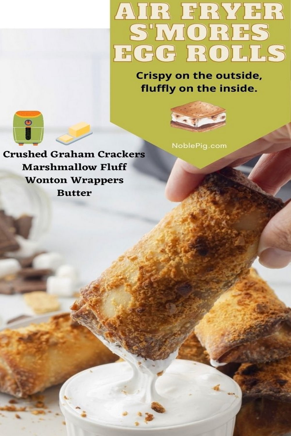 These air fryer s'mores egg rolls are a perfect twist on a classic campfire treat. They're filled with melted chocolate and marshmallows inside and served with extra marshmallow fluff on the side for dipping. This cooking method makes s'mores a year-round treat. via @cmpollak1