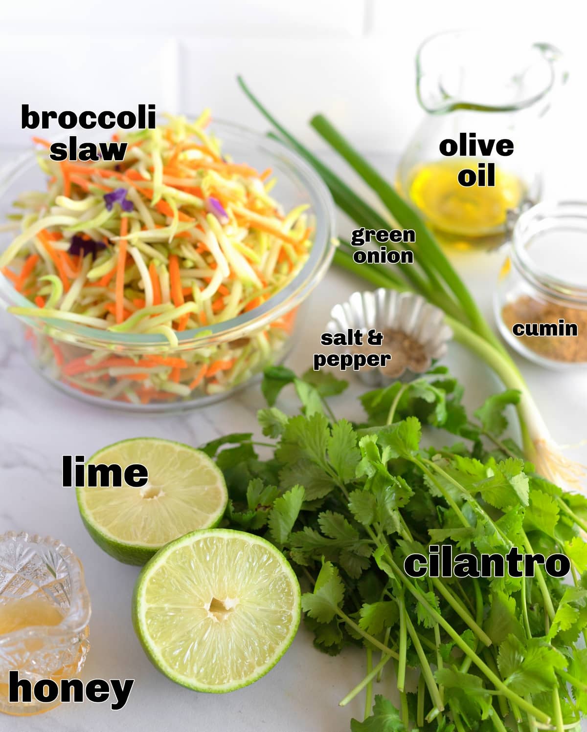 Ingredients for Cilantro Lime Broccoli Slaw ingredients like broccoli slaw, cilantro and honey