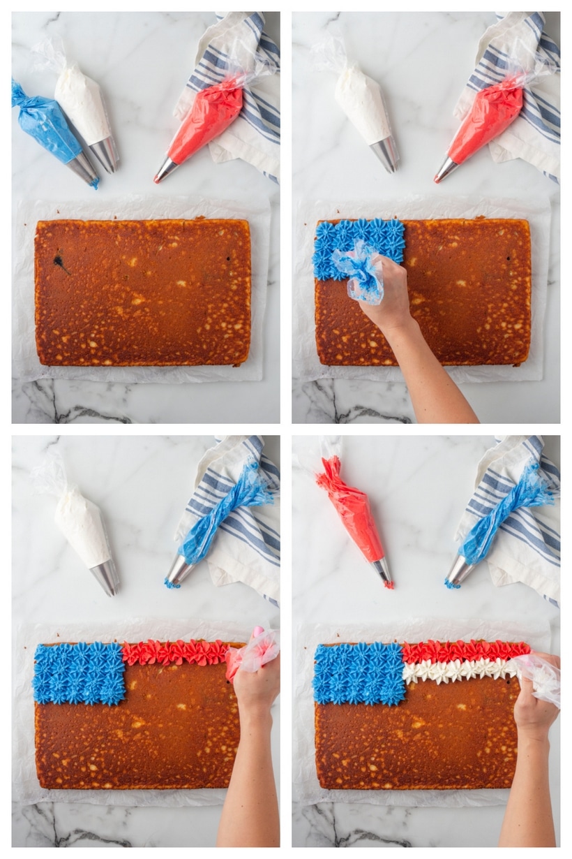 step-by-step visual guide showing how to pipe buttercream into a flag design