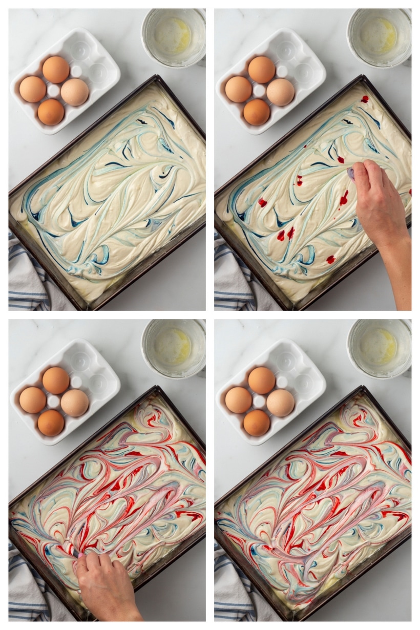 Visual guide showing red and blue swirls blended into cake batter before baking flag cake.