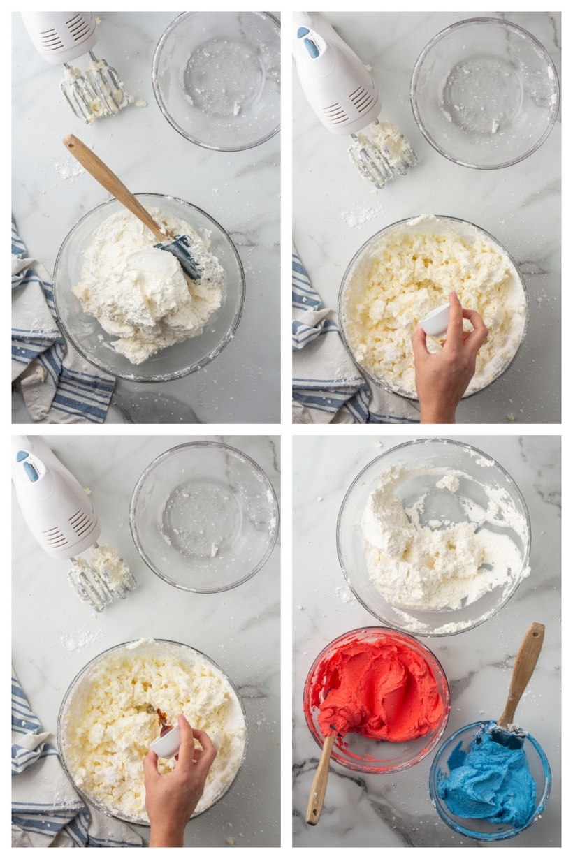 Step-by-step images showing buttercream frosting being mixed and colored red, white, and blue for flag cake.