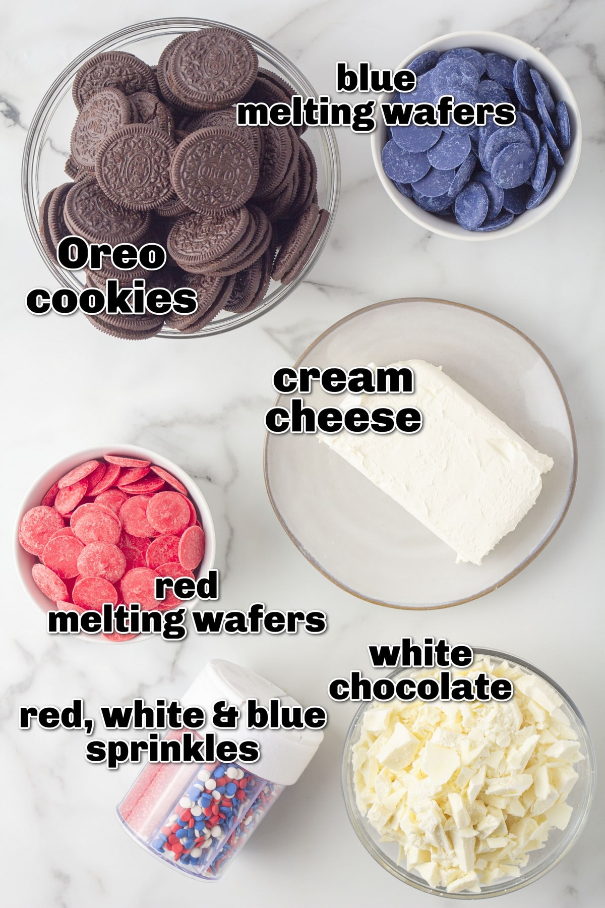 Patriotic Oreo Balls - they're a fine line between cookie and candy, but festive all the same. These star-spangled desserts are easy to make and perfect for patriotic celebrations. Think 4th of July and any other red, white and blue holiday. Colors can be switched out to make them fit every occasion. They taste like a chocolate truffle! ingredients for truffle Oreos