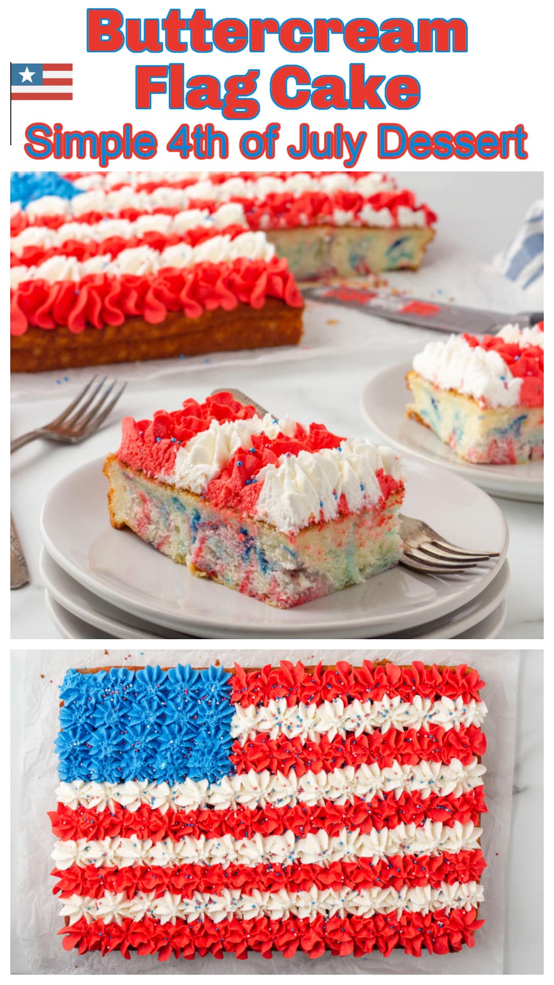 This buttercream flag cake is perfect for 4th of July, Memorial Day, or any patriotic party. It starts with a doctored vanilla cake mix and includes a red and blue swirl inside. The buttercream flag design is piped with stars—no decorating skills needed. It bakes in a 9x13 pan and is easy to make ahead, store, or freeze. If you're looking for a fun, festive American flag cake with simple buttercream piping, this is the one to try. via @cmpollak1