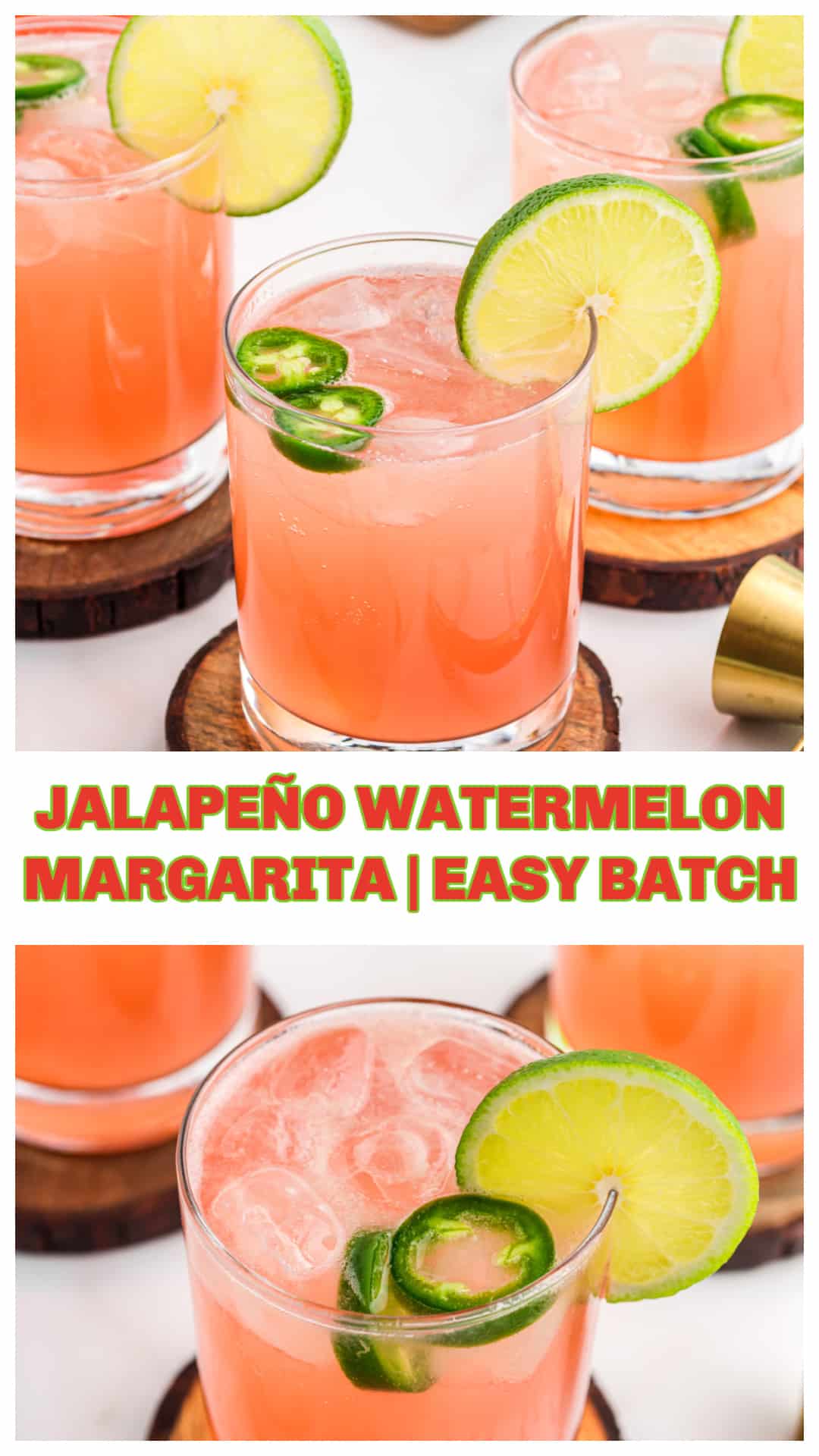 This spicy watermelon margarita recipe is made for summer. Fresh watermelon juice, jalapeño simple syrup, lime juice, and reposado tequila mix into the best pitcher margarita for any party or cookout. Lightened with sparkling water and easy to batch, this spicy watermelon jalapeño margarita is perfectly balanced with sweet, tangy, and just enough heat. Includes tips for adjusting spice and making it ahead. via @cmpollak1