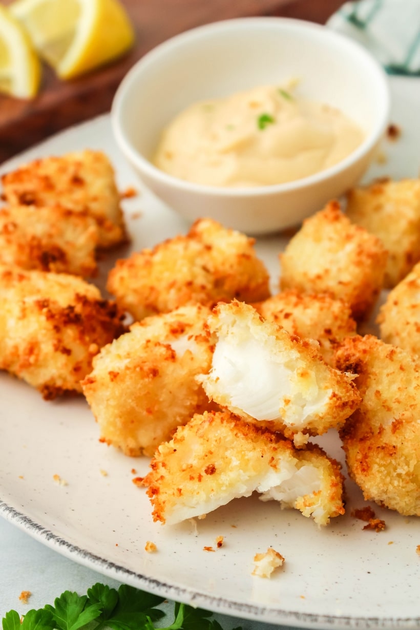 Deliciously flakey fish nuggets made right in your air fryer. These crunchy bites just might replace your kid's chicken nuggets all-together. air fryer fish recipe