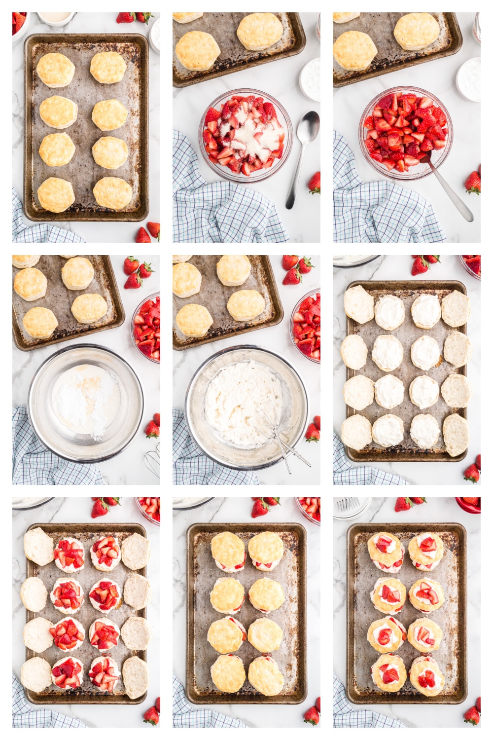 steps for making strawberry shortcake including macerating strawberries whipping cream and assembling biscuits