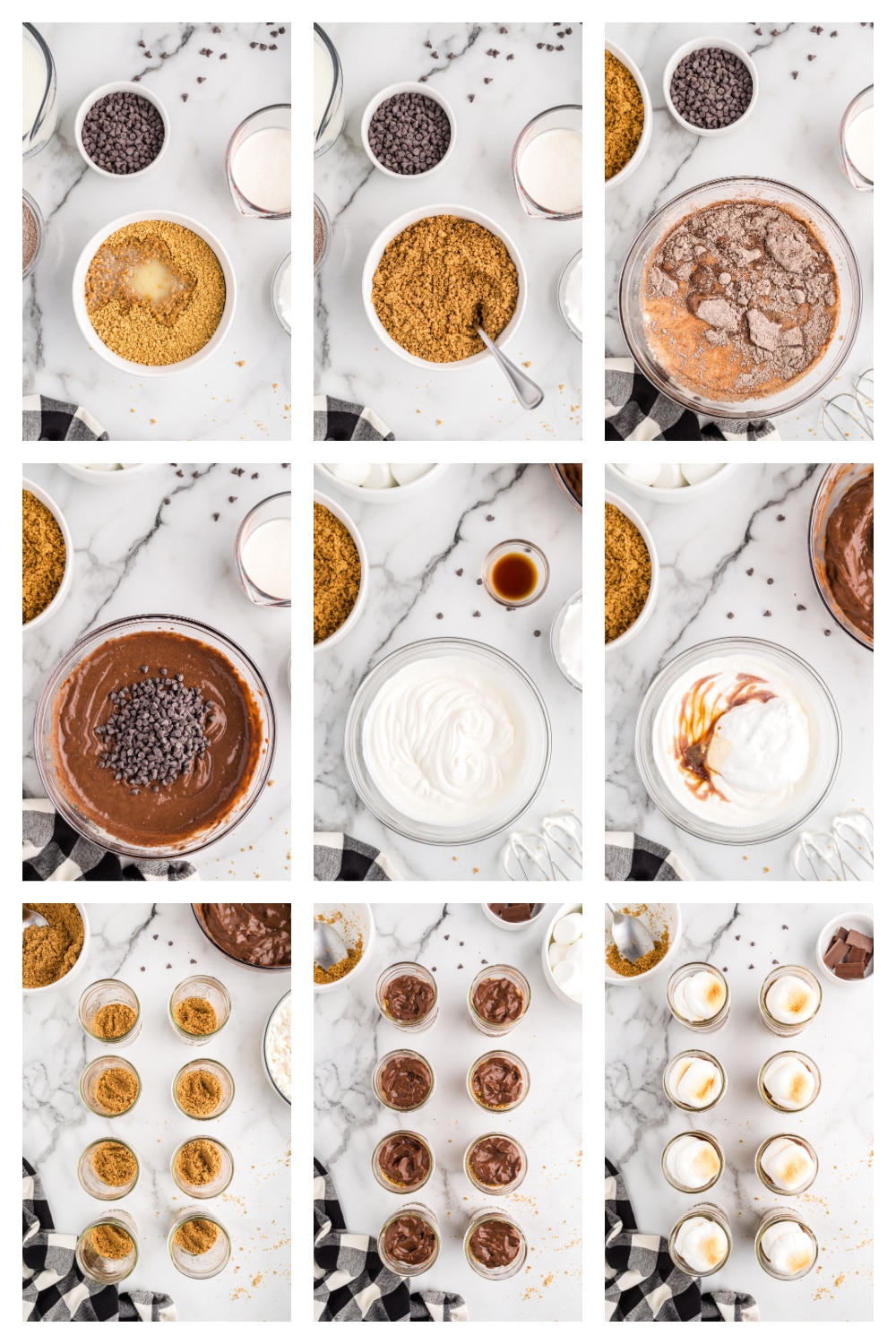 Step-by-step process of assembling no-bake s’mores pudding parfaits with visual ingredient and layering guide