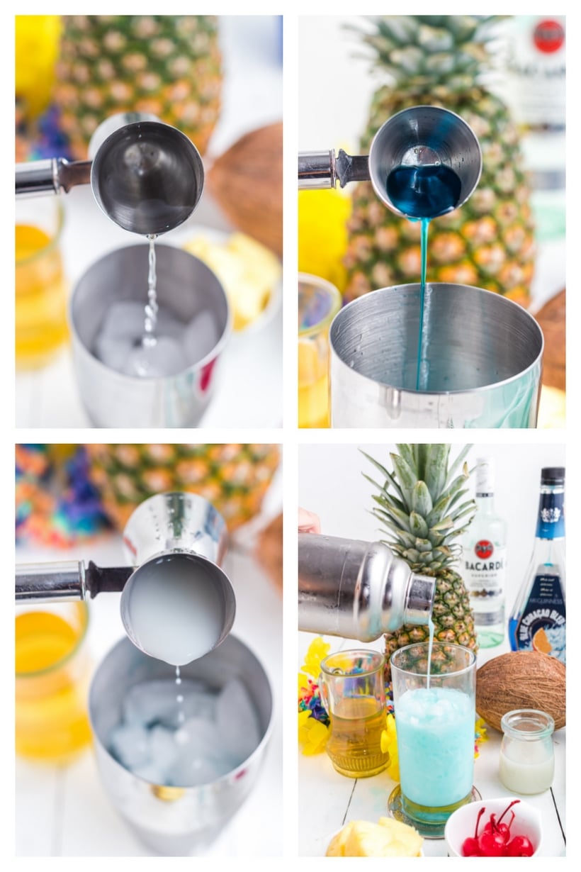 This Blue Hawaiian cocktail tastes like a vacation in a glass. Notes of pineapple, coconut and citrus from the Blue Curacao liqueur make it the perfect tropical cocktail for summer parties! step-by-step collage showing how to make a blue hawaiian cocktail from shaking to pouring over ice.