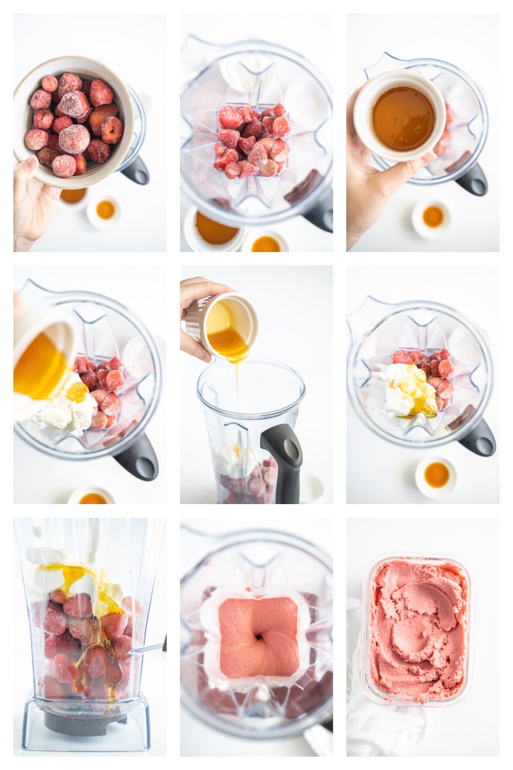 When I'm looking for a healthier yet tasty dessert option, I spend just ten minutes making this satisfying strawberry frozen yogurt. With only five ingredients, it's a simple process to create something so delicious. how to make it