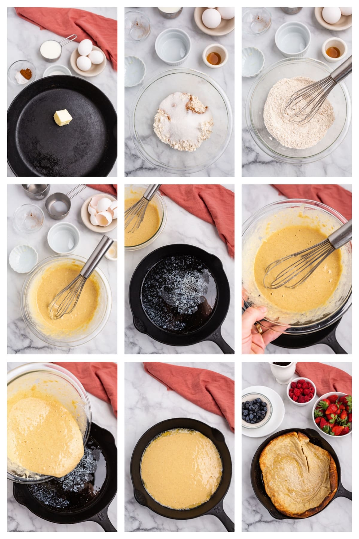 Step-by-step collage showing how to make a Dutch baby pancake