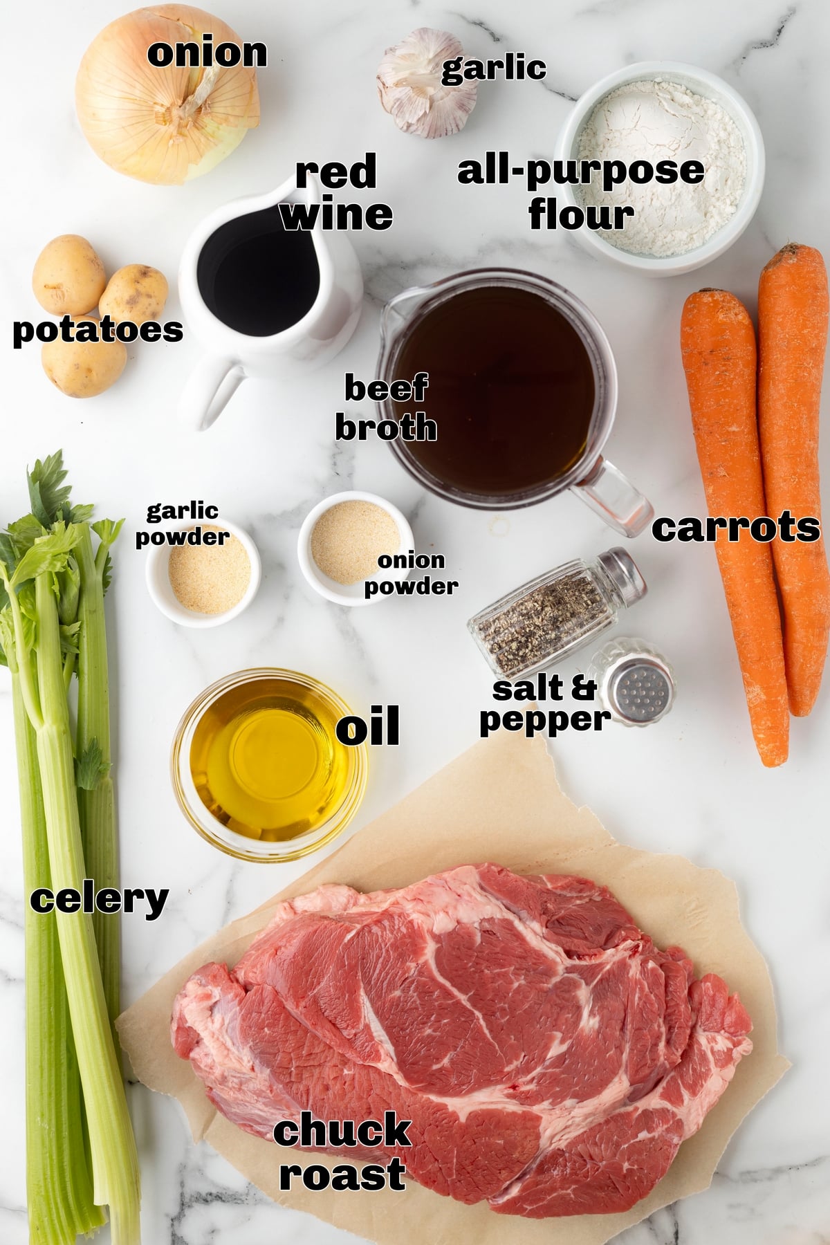 Pot roast ingredients laid out for stovetop recipe Ingredients
