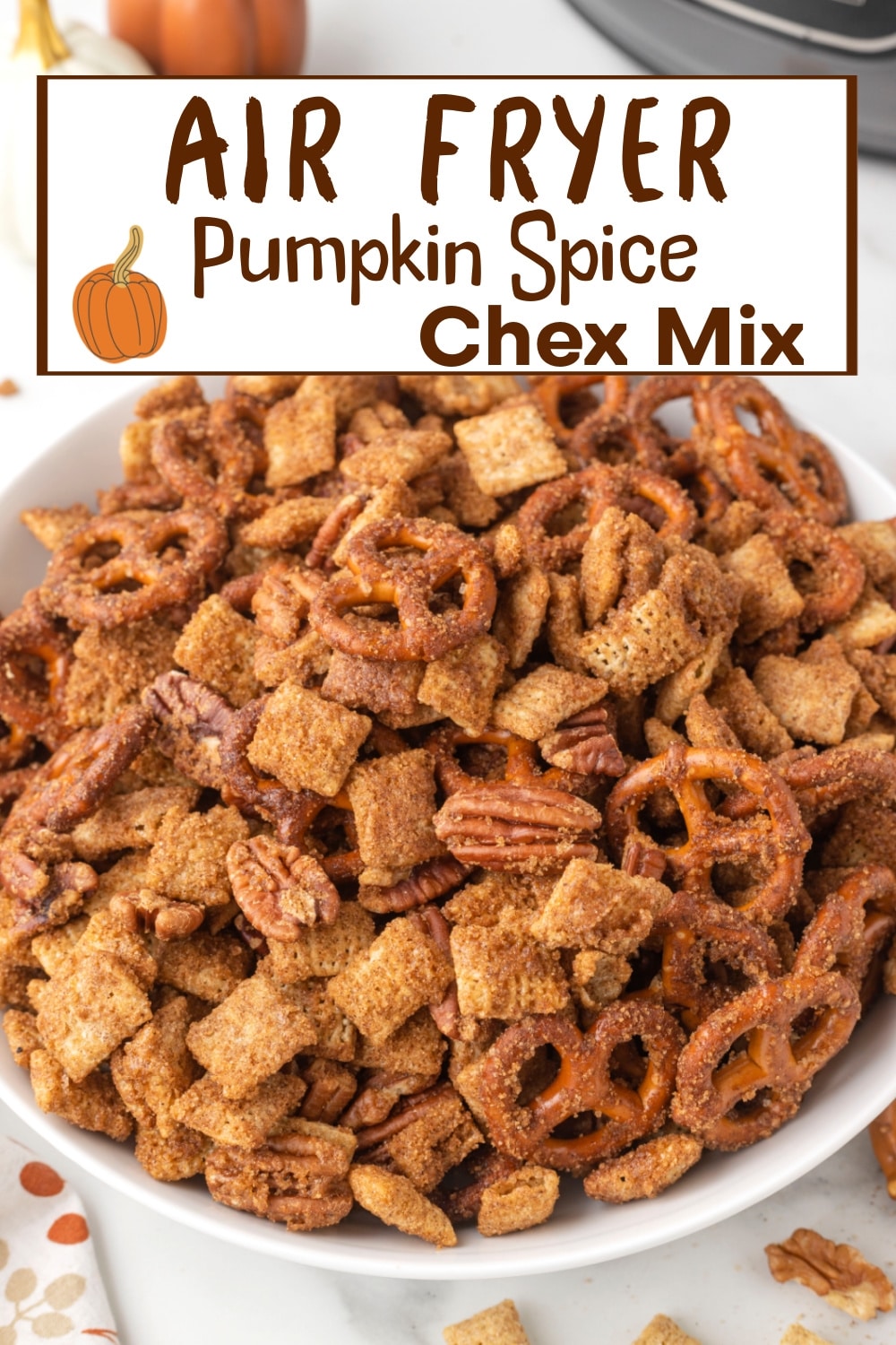This air fryer pumpkin spice Chex mix is a sweet, crunchy snack with all the cozy holiday flavors. It's simple to toss together, and the air fryer does the rest. via @cmpollak1