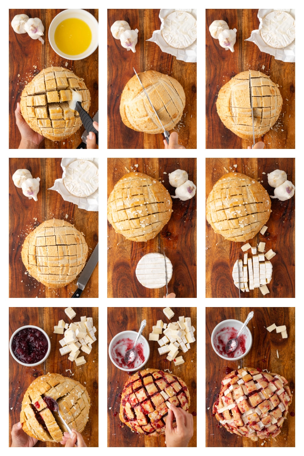 Slicing cranberry pull-apart bread before adding the Brie and cranberry sauce