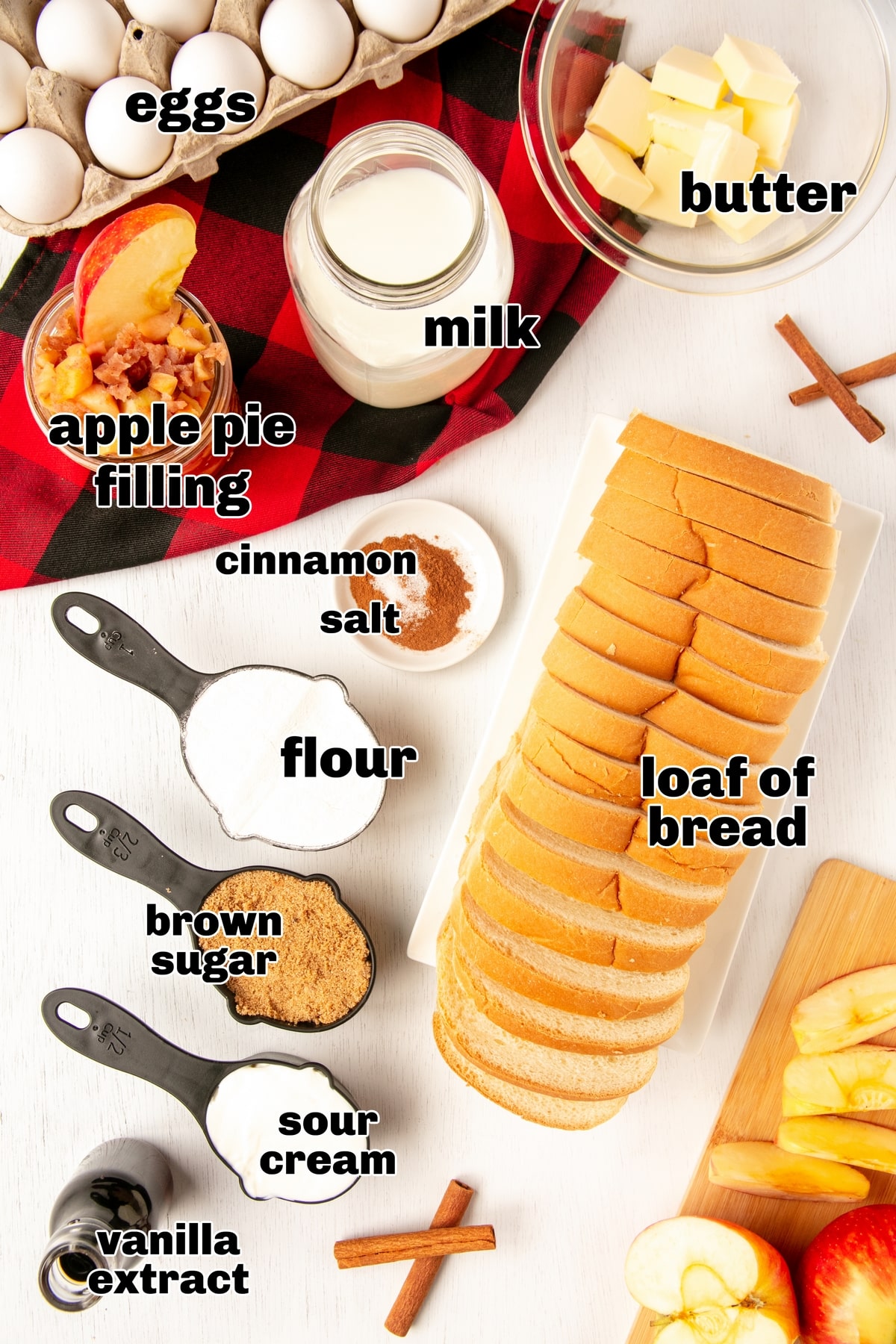 Apple Pie French Toast Casserole Ingredients Ingredients for apple pie french toast casserole including bread, eggs, milk, and apple pie filling.