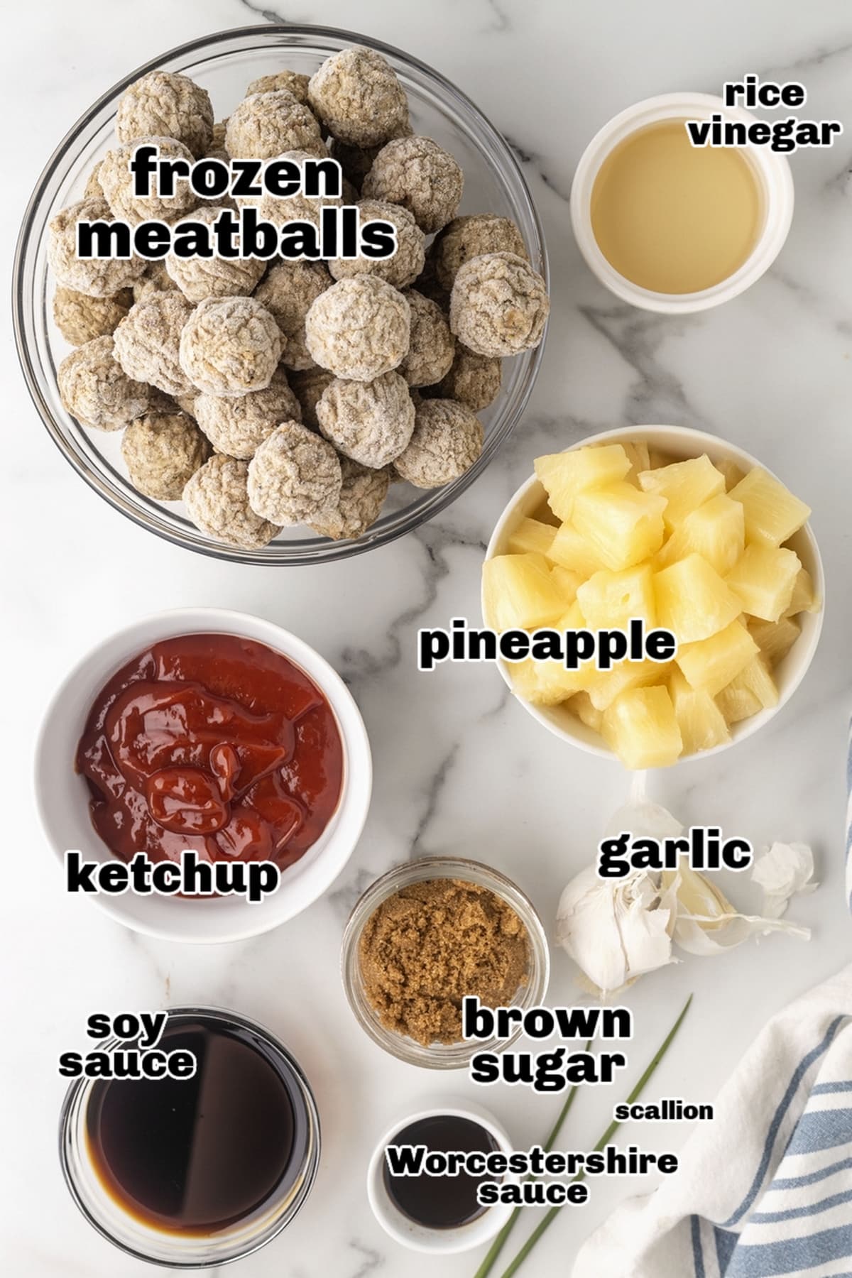 Key ingredients for Hawaiian meatballs, including pantry staples and frozen meatballs. Ingredients for Slow Cooker Hawaiian Meatballs laid out, including frozen meatballs, pineapple chunks, and sauces.