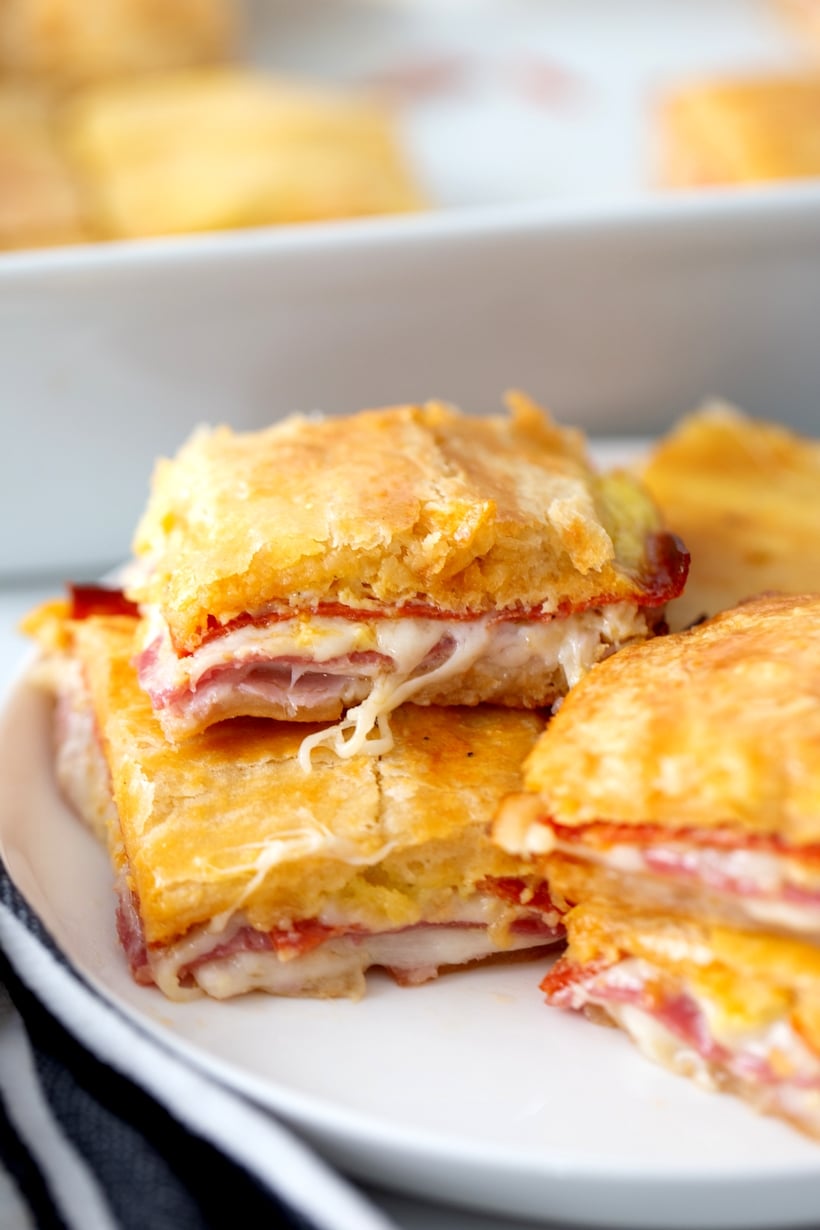 antipasto squares on a white plate