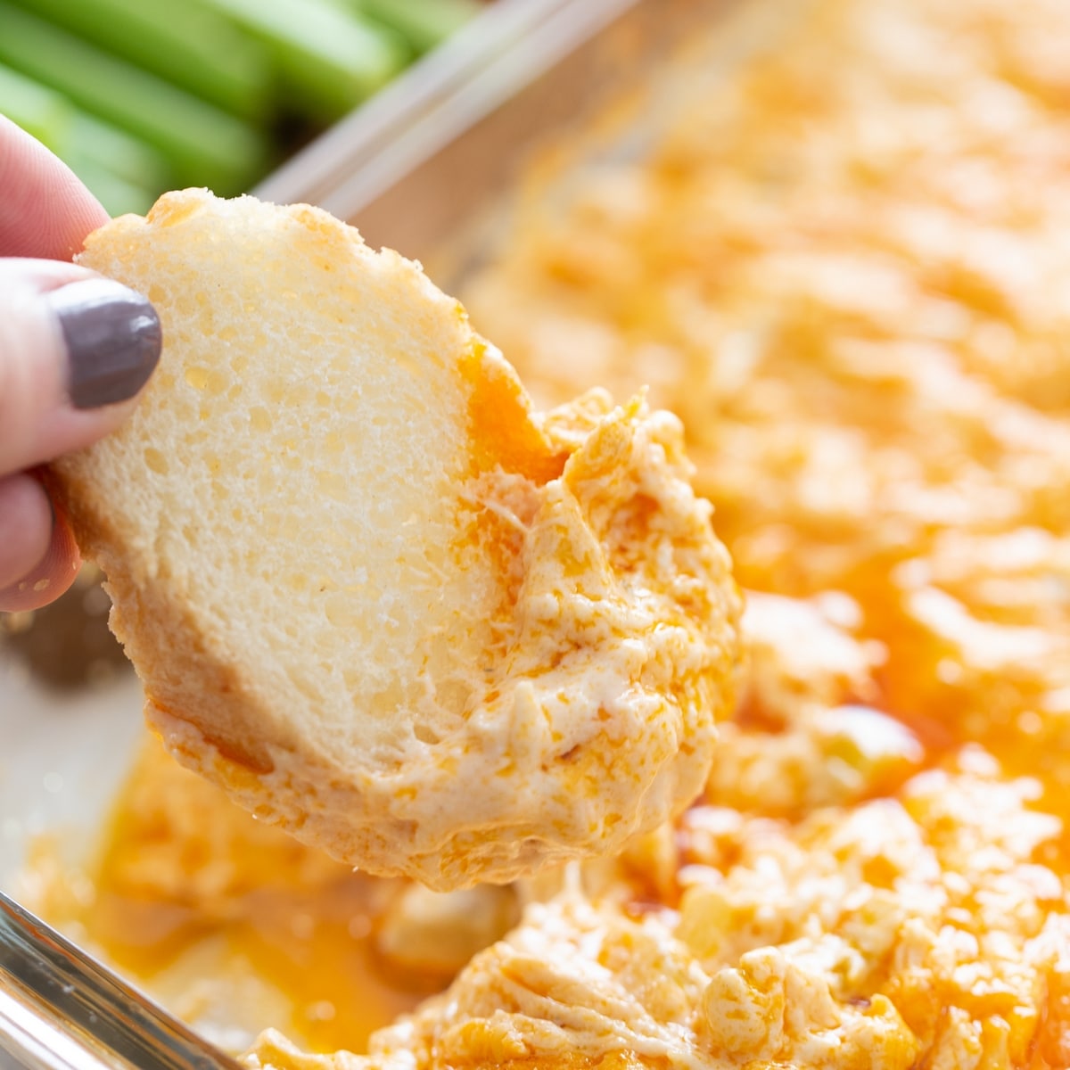 buffalo chicken dip being scooped out with bread
